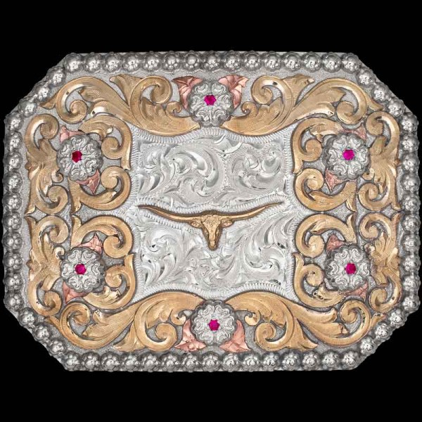 The Blanco Custom Belt Buckle will add a touch of Wild West to any outfit! Crafted on a hand engraved German Silver base, this buckle is beautifully built with a berry edge and Jewler's Bronze scrolls.